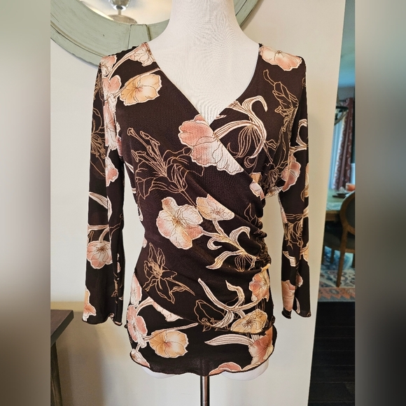 Moa Moa Size Large Vintage Made In USA Chocolate Floral Faux Wrap Fitted Top 90s - Picture 1 of 9